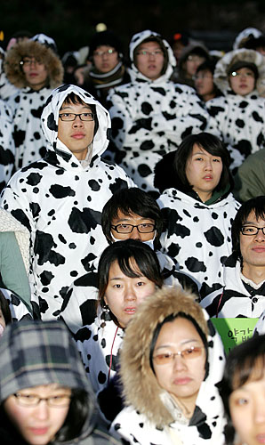 한의대생들이 한미FTA저지에 단결할 것을 호소하는 영상을 보고 있다.[사진-통일뉴스 김주영 기자]