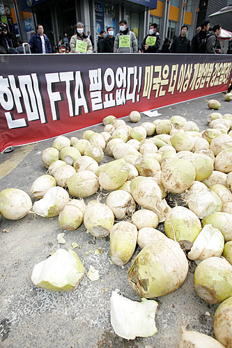 농민들이 명동 길바닥에 무 한트럭을 쏟아놓았다. [사진-통일뉴스 김주영 기자]