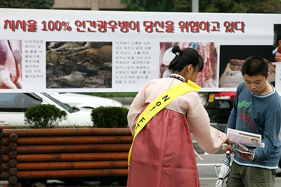 한복을 차려입는 범국본 소속 단체 회원들이 미국산 쇠고기의 위험성을 알리는 선전전을 벌이고 있다. [사진-통일뉴스 김주영 기자]