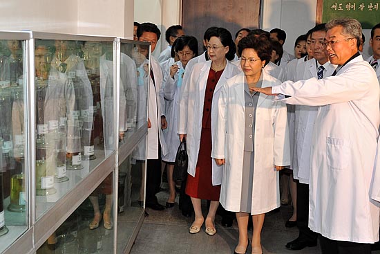 고려의학과학원을 방문 최득룡 원장으로부터 자연의학재료의 표본에 관해 설명을 듣고있다.[사진-청와대 사진기자단]