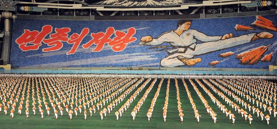 이날 아리랑 공연에서는 위력을 과시하는 이민군의 총검술 공연부분이 빠지고 '태권도 민족의 슬기'가 들어갔다. [사진-청와대 사진기자단]