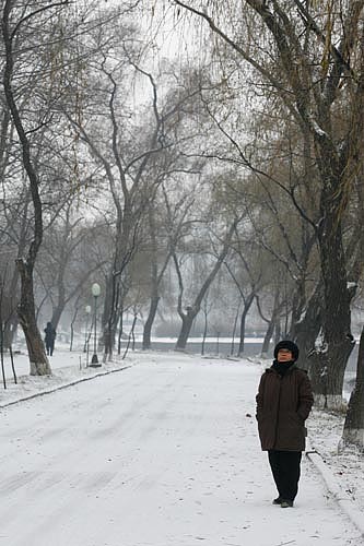 6일 오전, 보통강변을 산책하던 노인이 잠시 멈춰 설경을 감상하고 있다.[사진-통일뉴스 김주영 기자]