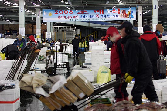 올해 2008년 가락시장의 초매식(첫 경매)을 알리는 현수막이 붙었다.[사진-통일뉴스 김주영 기자]
