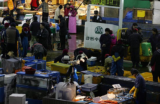 분주히 손님 맞을 준비가 한창인 가락시장의 상인들.[사진-통일뉴스 김주영 기자]