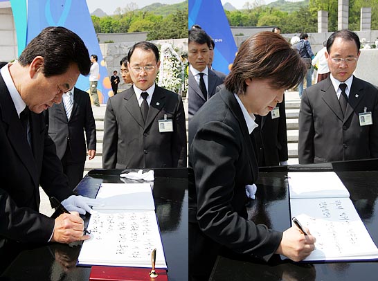 분당 이후 첫 4.19를 맞은 민주노동당과 진보신당도 각각 4.19묘지를 참배하고 4월혁명의 정신을 이어 받겠다고 다짐했다.왼쪽부터 천영세 민주노동당 대표, 심상정 진보신당 공동대표. [사진-통일뉴스 조성봉 기자]