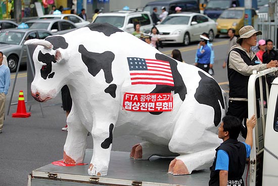 민주노총은 '광우병 쇠고기' 수입 반대를 형상화한 조형물을 끌고 거리행진을 했다.[사진-통일뉴스 조성봉 기자]