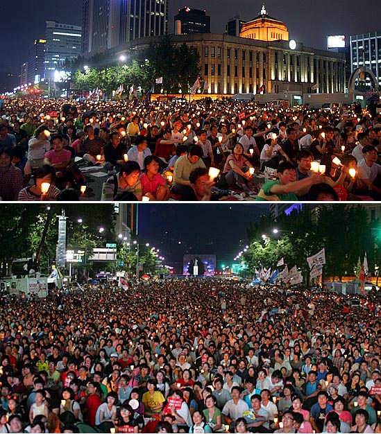 쇠고기 추가협상 결과가 발표된 21일 밤 5만여 시민들이 태평로 거리를 메우며 촛불집회를 열었다. [사진-통일뉴스 조성봉 기자]