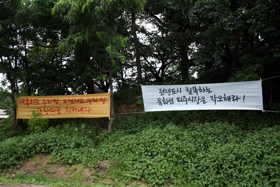오현리 곳곳에는 '무건리 훈련장 확장 반대'를 요구하는 플랭카드가 걸려 있다.[사진-통일뉴스 조성봉 기자]