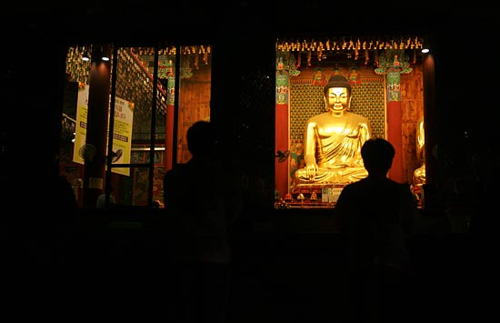 '촛불 승리'를 염원하며 부처님을 바라보고 있는 촛불 수배자들.[사진-통일뉴스 조성봉 기자]