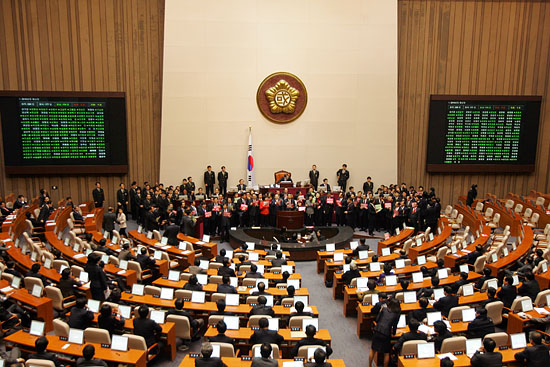 야당 의원들의 반대에도 불구하고 2010년 예산안이 재석 의원 177명 가운데 찬성 174명, 반대 2명, 기권 1명으로 통과됐다.[사진-통일뉴스 조성봉 기자]