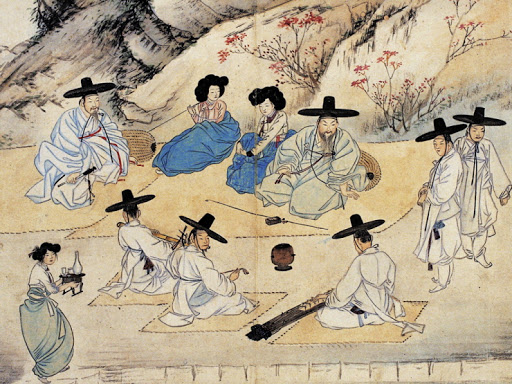 신윤복의 풍속화첩 중 상춘야흥(賞春野興)-무르익은 봄날의 들판에서 여흥을 즐기다.​​​​​​​관기를 동원한 이런 풍류는 관청에서 사기를 높이기 위해 열어주었다. [자료사진 - 심규섭]