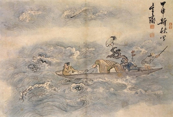 심사정/선유도/종이에 담채/27.3×40㎝/1764년/국립중앙박물관 소장.신선은 인간의 욕망을 초월한 존재이자 군자의 상징이다.풍류를 즐기는 행위는 곧 신선의 삶과 같다고 여겼다.​​​​​​​청렴과 청빈, 지조와 절개의 보상으로 풍류를 즐기는데, 사치, 쾌락, 과시와 같은 행위를 한다는 것은 모순이다. 뜬금없이 배 위에 학과 서책을 놓은 이유이다. [자료사진 - 심규섭]