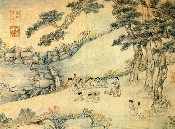 정수영, [백사회(白社會)야유도], 1784, 지본담채, 31 × 41cm, 개인소장.​​​​​​​봄날 경치 좋은 곳에서 시회를 즐기는 그림이다. 이렇게 모여 노는 것이 풍류의 정수이다. [자료사진 - 심규섭]