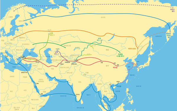6개의 횡단로와 3개의 종단로로 구성된 유라시아 교통망. [자료 - 윤명철]