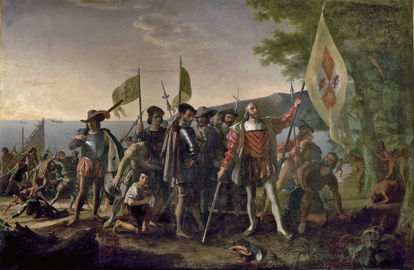 ▲ 콜럼버스가 아메리카 대륙에 발을 디딘 순간을 묘사한 그림. 스페인의 아메리카 식민지 경영의 시작점이었다. [사진-위키피디아]