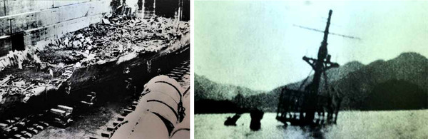 우키시마 호 잔해(왼쪽)와 침몰된 우키시마 호(오른쪽) [사진-노동신문 갈무리]