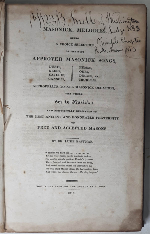 『Masonick Melodies, Hyms(메이슨식 가곡집, 찬송가(讚頌歌))』, 1818년, 1책, 크기 : 13.5×22.5cm. 프리메이슨식(式) 찬송가이다. [사진제공 - 이양재]