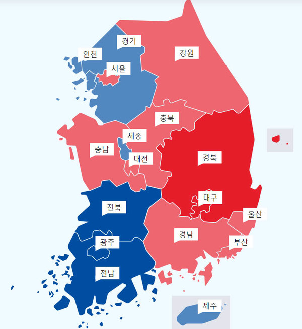 윤석열 후보는 서울과 강원, 충청권에서도 5%이상 격차를 벌이며 앞었다. [사진 - 네이버 갈무리]