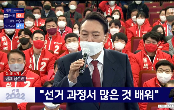 윤석열 국민의힘 후보는 국민의힘 개표상황실에서 당선 인사를 했다. [사진 - MBC 갈무리]