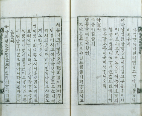 『천의소감언해(闡義昭鑑諺解)』, 1756년, 목판본. 4권4책. 사진 출처 : 『한국민족문화대백과』, 한국학중앙연구원. [사진제공 - 이양재]  ‘왕(뎐하)’이나 ‘하늘(하ᄂᆞᆯ)’ 등등을 지칭할 때 경의를 나타내기 위하여 한 글자를 올려쓰거나 줄을 바꾸어 쓰는 대두법을 쓰고 있다. 이 대두법은 부분적으로나마 문장의 판독을 확실하게 하는 역할을 하였다.