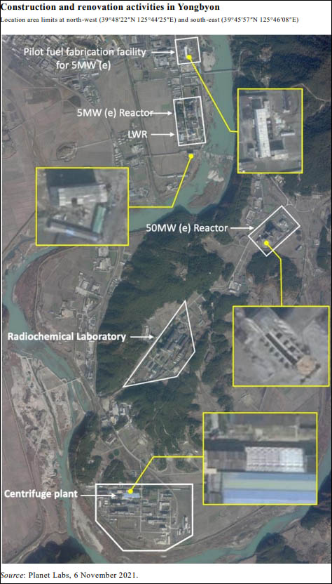 보고서는 지난해 11월 6일 북한 영변 핵단지의 위성사진을 분석, 핵활동 동향을 예시하고 있다. [사진출처 - 안보리 북제재위 연례보고서]