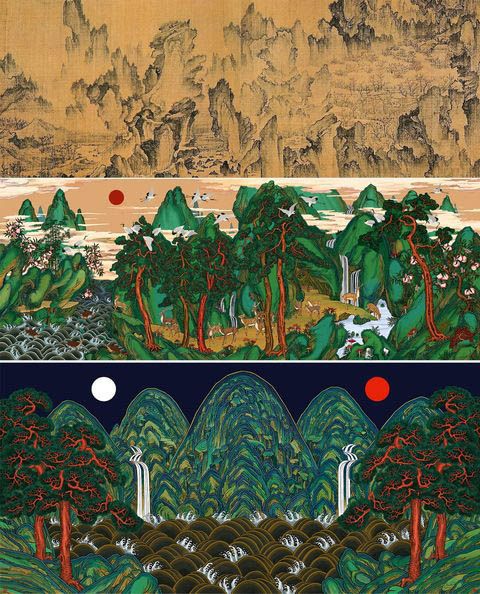 몽유도원도, 십장생도, 오봉도는 서로 연결되어 있다. 몽유도원도가 있었기 때문에 중국의 요지연도, 해학반도도와 결합하여 새로운 십장생도가 창안될 수 있었다. 새로운 십장생도가 완성되자 이를 바탕으로 간결한 형태의 오봉도가 창안되었다고 추정한다. [사진제공 - 심규섭]