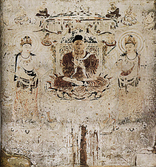 법륭사 제6호벽 「아미타정토도(阿彌陀淨土圖)」, 가로 262cm. 세로 308.6cm. 고구려 고분 벽화에 보이는 중앙아시아적인 채색법이나 철선묘(鐵線描)를 위주로 한 묘법(描法) 그리고 이른바 우리나라에서 유행한 사방불(四方佛) 사상 등으로 미루어 볼 때, 법륭사 금당벽화를 일본 학계에서 담징과의 관련성을 애써 부인하더라도, 담징 이후의 고구려계 화사(畫師)들이 벽화 제작에 참여하였을 가능성은 매우 크다. [사진제공 - 이양재]