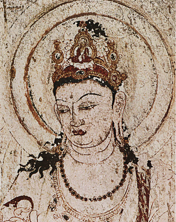 법륭사 제6호벽 「아미타정토도(阿彌陀淨土圖)」 (부분도). 관음보살의 얼굴이다. 고려시대의 불화에서처럼 철선묘(鐵線描)의 사용을 보여주고 있다. [사진제공 - 이양재]