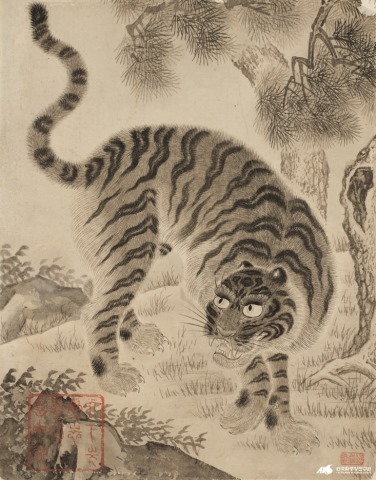산군포효도/정홍래(鄭弘來, 1720~?)/종이에 수묵/30.2×23.8㎝/조선 후기/간송미술관 소장. 이 작품은 책자 크기의 작은 작품이다. 부리부리한 눈, 날카로운 이빨, 세운 발톱은 호랑이의 강인함이나 포악성을 드러내는 장치이다. [사진 제공 - 심규섭]