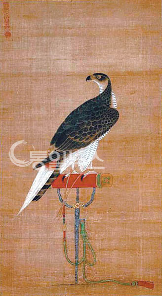 이암/가응도/견본채색/98.1x54.9cm/보스턴미술관. 발목에 줄이 묶인 채 횃대에 앉아 있는 사냥 매를 그린 것이다. 꼬리 부분에 하얀색 띠는 주인의 표식인 시치미이다. [사진제공 - 심규섭]