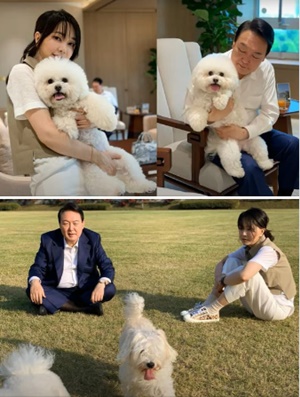 지난 28일 윤 대통령 부부가 용산 집무실과 잔디밭에서 찍은 사진. [사진 갈무리-'건희사랑']