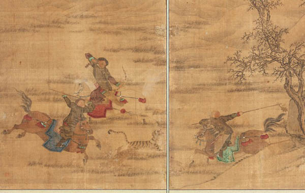 호렵도 부분. 청나라 장군들이 활과 창, 철퇴로 호랑이를 사냥하는 장면이다. [사진 제공 - 심규섭]