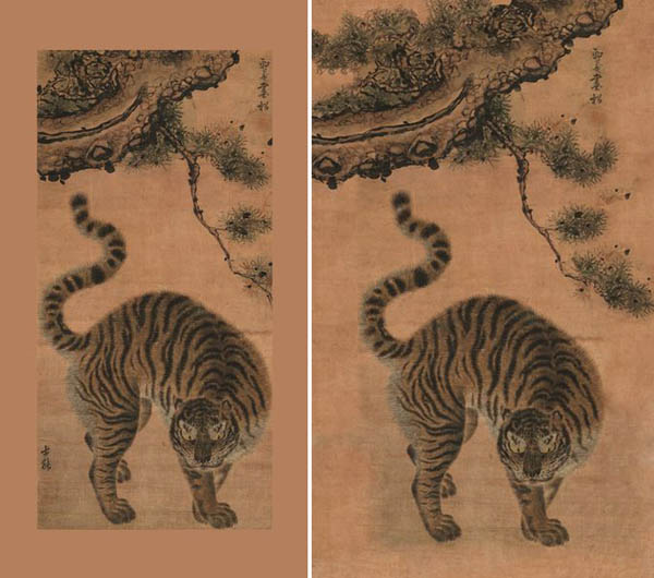 좌측-표구하는 과정에서 상하좌우로 잘려나갔다. 마치 동물원 우리에 갇힌 것처럼 답답하다. 우측-컴퓨터 그래픽을 이용하여 잘려나간 부분을 복원해 보았다. 훨씬 자연스럽다. [사진 제공 - 심규섭]