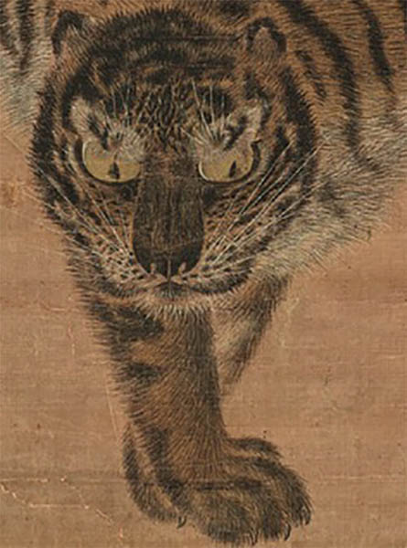 앞발을 포갰다. 마치 선비들이 서로에게 읍을 하여 예를 표하는 것처럼 보인다. 이런 미술적 장치는 호랑이를 군자의 상징으로 만들기 위함이다. [사진 제공 - 심규섭]