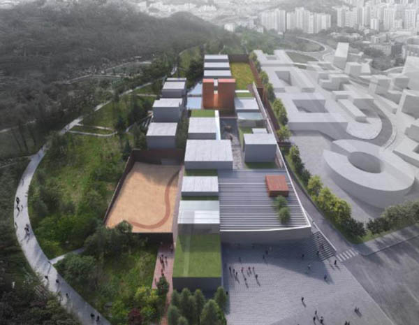 국립한국문학관 건립 국제 설계 공모 당선작 조감도. 2021.07. [사진 출처 - 국립한국문학관]   ​​​​​​​(주)디엔비건축사사무소, [(주)코마건축사사무소, 이은석 공동 참여]의 ‘문학 빌리지(Munhak Village)’. 마을의 모습을 소재로 한 건물 외관과 문학 주제 공간, 작가 기념 공간, 수장공간, 교육·사무공간 등으로 구성된 내부를 관람객이 자유롭게 이동하며 다양한 경험을 할 수 있도록 설계했다.