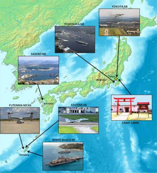 일본에 주둔중인 유엔사 후방기지 7곳이 표시되어 있는 지도. 자마 기지, 요코타 공군기지, 요코슈카 해군기지, 사세보 해군기지, 가데나 공군기지, 오키나와의 후텐마 해병대기지, 화이트 비치 해군시설 등이 표시되어 있다. [사진 출처 - 요코다 공군기지 홈페이지]