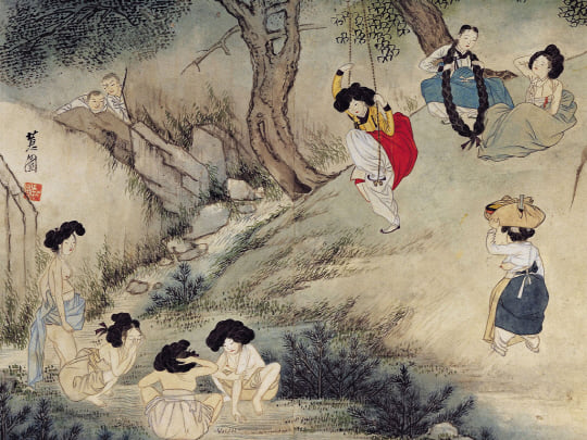 신윤복의 단오라는 작품이다. 단원 김홍도와 달리 진경산수화로 배경을 그렸고 담채가 아니라 진채를 사용했다. 수묵과 채색을 결합하는 능력이 탁월하다. [사진 제공 - 심규섭]