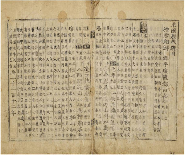 『동국역대총목(東國歷代總目)』, 현종실록자본, 1705년 편찬, 1706년경 인쇄. 서울대학교 규장각 일사문고 소장본. [사진 제공 - 이양재]『동국역대총목』의 홍만종 서문(1705년)에 따르면, 교서관제조(校書館提調) 신완(申琓, 1646~1707)이 당시의 학자들이 중국의 사실은 잘 알면서 우리나라의 사실에 대해서는 소략한 것을 걱정하던 차에 중국의 『역대총목(歷代總目)』을 보고 이 체재에 따라 우리 역사를 정리할 것을 홍만종에게 위촉함으로써 책의 편찬이 이루어지게 되었다고 한다.