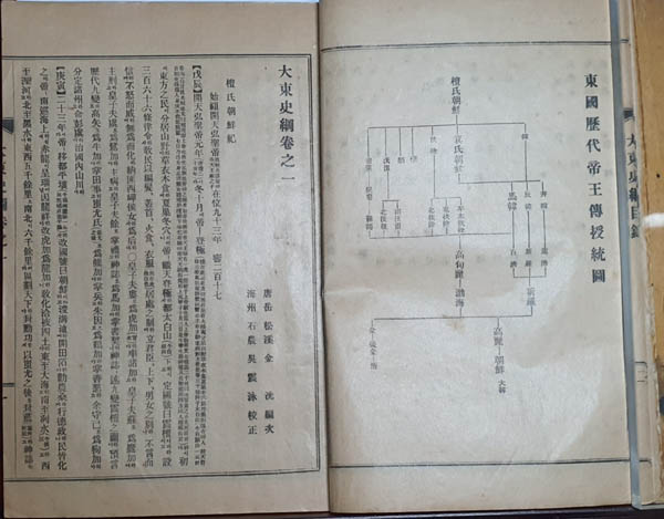『대동사강(大東史綱)』, 김광(金洸), 1929년, 대동사강사 발행. [사진 제공 - 이양재]『대동사강』의 권1부터 권6까지의 상권은 단군 개국 이래 고려 원종까지를, 권7부터 권12까지의 하권은 고려 충렬왕 원년(1275) 이후 융희 4년(1910) 한일합방까지를 다루고 있다. 서술은 편년 순서에 따라 정리하였으며, 본문은 한문 원문에 한글 현토를 달았다. 삼국의 연기(年紀)는 고구려, 신라, 백제의 순으로 적고 있다. 이는 제1기 민족사학자들의 영향을 받은 것이다. 『대동사강』의 권1은 「단씨조선기(檀氏朝鮮紀)」 「기씨조선기(箕氏朝鮮紀)」 「한기(韓紀)」 「마한급고구려신라백제기(馬韓及高句麗新羅百濟紀)」, 권2는 「고구려신라백제기(高句麗新羅百濟紀)」, 권3은 「고구려발해신라고려기(高句麗渤海新羅高麗紀)」, 권4∼8은 「고려기(高麗紀)」, 권9∼12는 「조선기(朝鮮紀)」로 구성되어 있다.