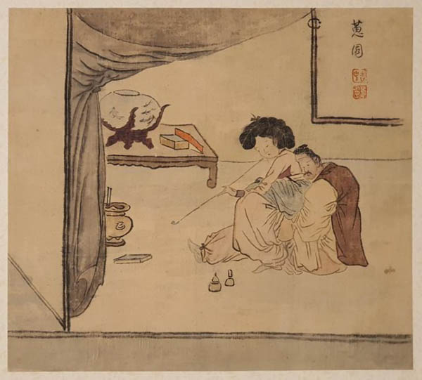 [춘화(春畫)], 신윤복(申潤福, 1758~?), 견본채색, 필자 소장품. 혜원이 그린 속화(俗畫)는 성애(性愛)를 그린 춘화를 말한다. 그런데 혜원의 여러 작품을 보면 당시의 양반사회에 대한 비판성이 높다. 언제인가 필자가 이해하는 『혜원 신윤복의 예술』 론을 저술하고 싶다. [사진 제공 - 이양재]