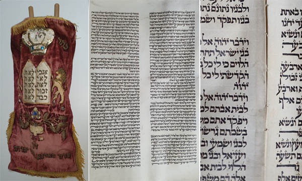 히브리어 [토라]의 보관 케이스와 히브리어 [토라] 양피지 필사본, 연결부위는 실을 사용하여 꿰매었다. 18C(추정), 필자 소장품. [사진 제공 – 이양재]  히브리어는 영어나 한글과는 달리 오른쪽에서 왼쪽으로 써 나간다.