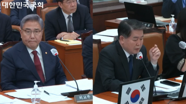 21일 김경협(오른쪽) 의원이 박진(왼쪽) 외교부 장관에게 질문하고 있다. [사진 갈무리-국회 영상회의록]