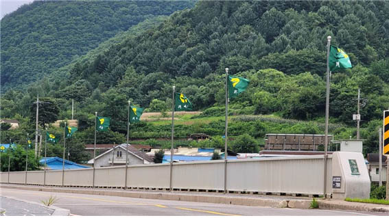 양구로 향하는 대로변에 늘어선 새마을운동 깃발이 눈에 띈다. [사진 - DMZ 국제평화대행진단]