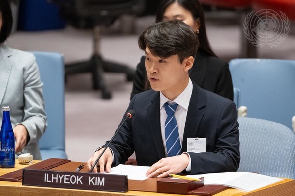 안보리 북한인권 특별회의 아리아 포뮬러에서 발언하는 김일혁. [사진출처-유엔 미디어] 