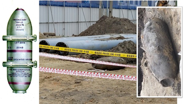 대전역 인근 공사장에서 발견된 항공폭탄(오른쪽)과 500파운드 소이탄 AN-M76의 모습(왼쪽)[사진-통일뉴스 임재근 객원기자]