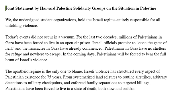 8일 하버드대 팔레스타인 연대단체 성명. [사진 갈무리-폴리티코]