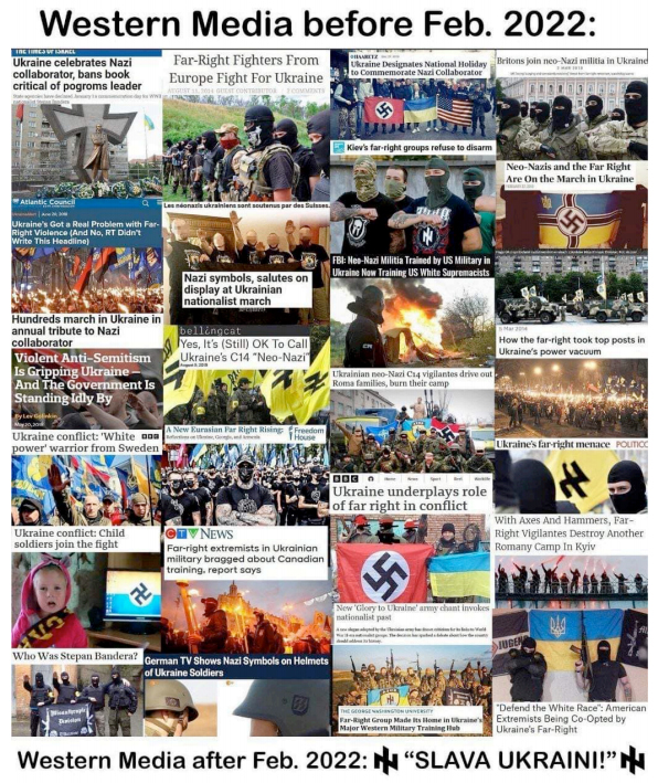 서방 언론은 지난해 2월 24일 우크라이나 전쟁 전까지 우크라이나의 나치 준동 문제를 집중적으로 문제제기하다가 전쟁이 벌어지자 '우크라이나에 명예를(Slava Ukraina!)'을 외치며 갑자기 태도를 바꾸었다. [사진-한설 제공]