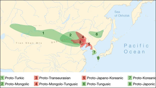 2021년 11월 『Nature』에 발표된 논문, 「삼각검증법으로 밝힌 농경의 확산과 트랜스유라시아어의 확산」에서 제시한 트랜스유라시아어족 분화도. [자료 제공 - 임찬경]