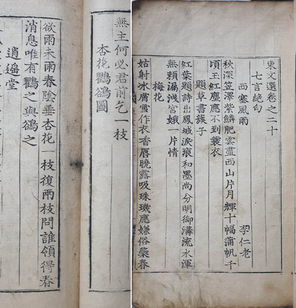 『동문선』 권지20 첫 면과 칠언시 「행화구욕도」 부분. 1478년 초판본. [사진 제공 – 이양재]