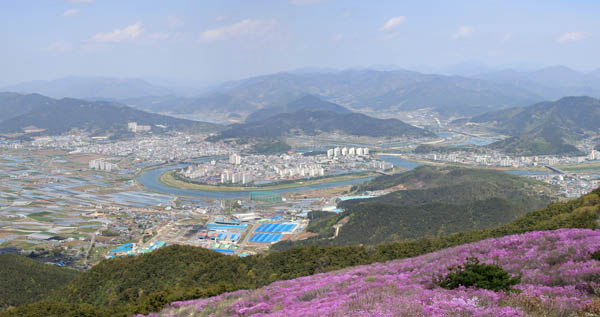 정상에서 밀양 시내를 내려다보면 밀양강과 그 안에 섬처럼 들어서 있는 삼문동이 눈 앞에 펼쳐진다. [사진 제공 - 안영민]